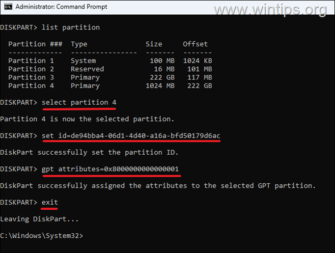 Seleccionar partición Partición de recuperación establecida - GPT