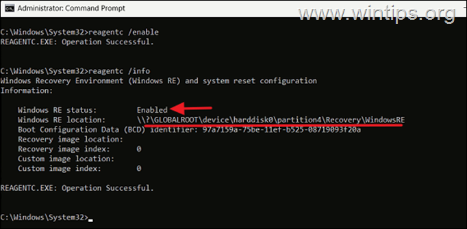 reactivo Habilitar el entorno de recuperación de Windows