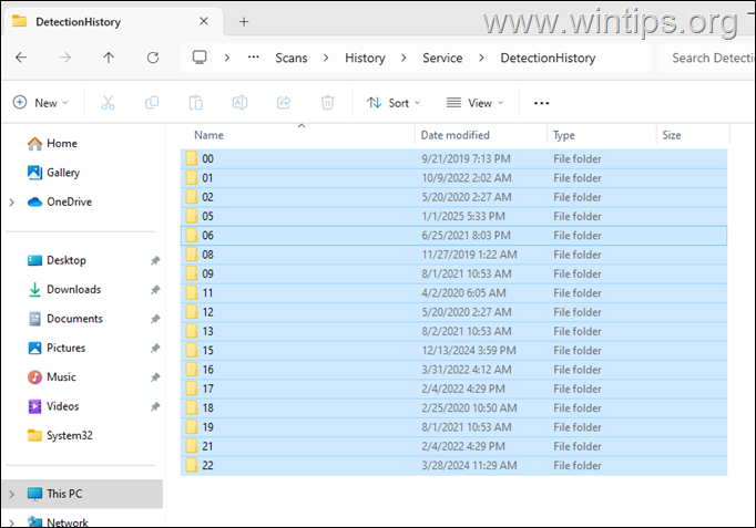 Eliminar archivos de historial de protección Solución: el historial de seguridad de Windows se bloquea.