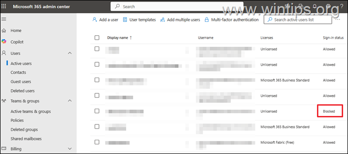 bloqueado por el estado de inicio Encuentre usuarios bloqueados/discapacitados en Office 365