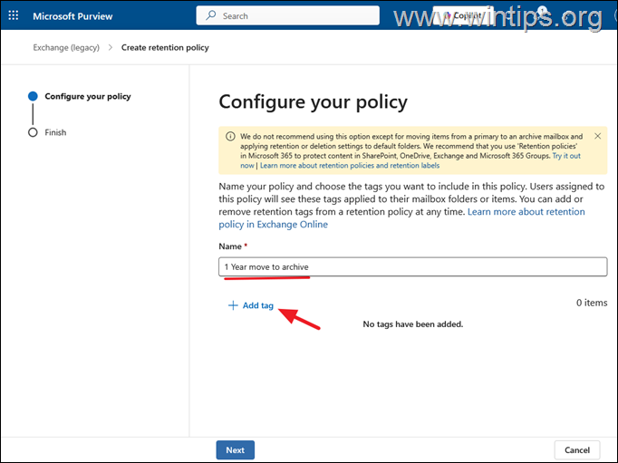 Crear una nueva política de archivo - Office 365