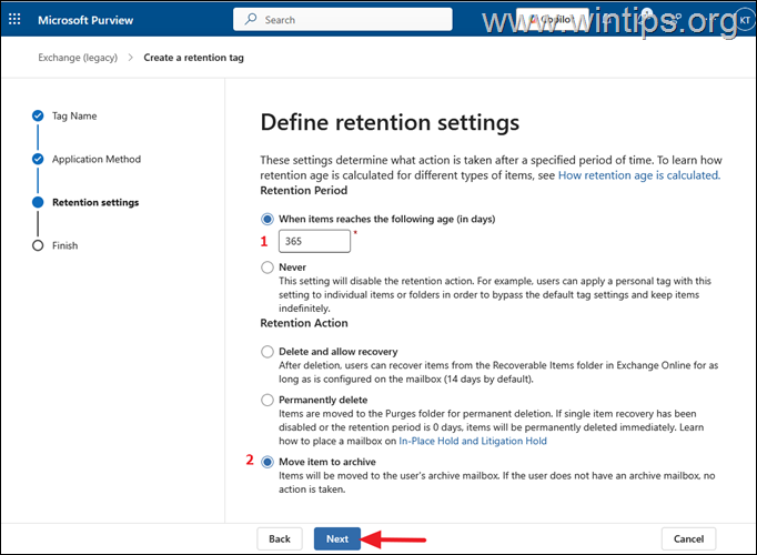 Crear nueva etiqueta de política de retención: Microsoft/Office 365