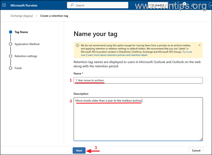 Crear nueva etiqueta de política de retención - Office 365