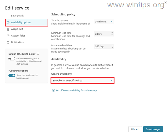 Opciones de disponibilidad Servicio de reservas - Opciones de disponibilidad