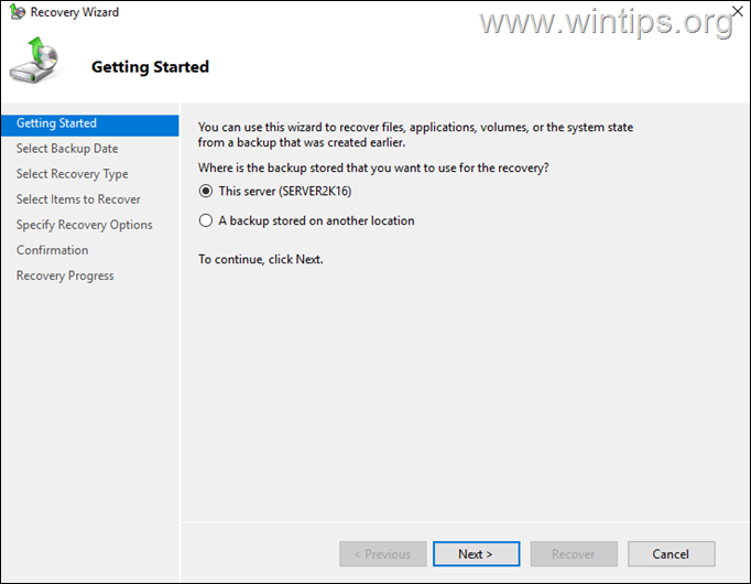 asistente de recuperación Cómo restaurar Active Directory desde una copia de seguridad de Windows Server.