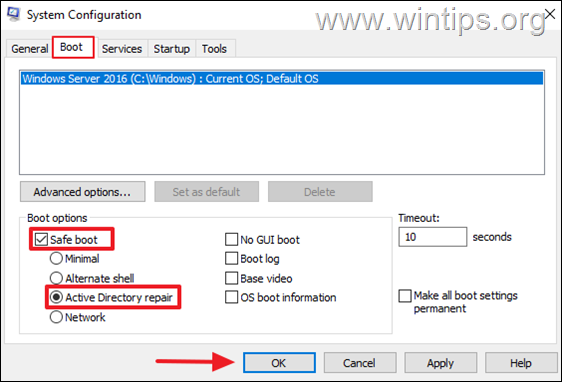 reparación del directorio activo Arrancar en modo de restauración de servicios de directorio (DSRM)