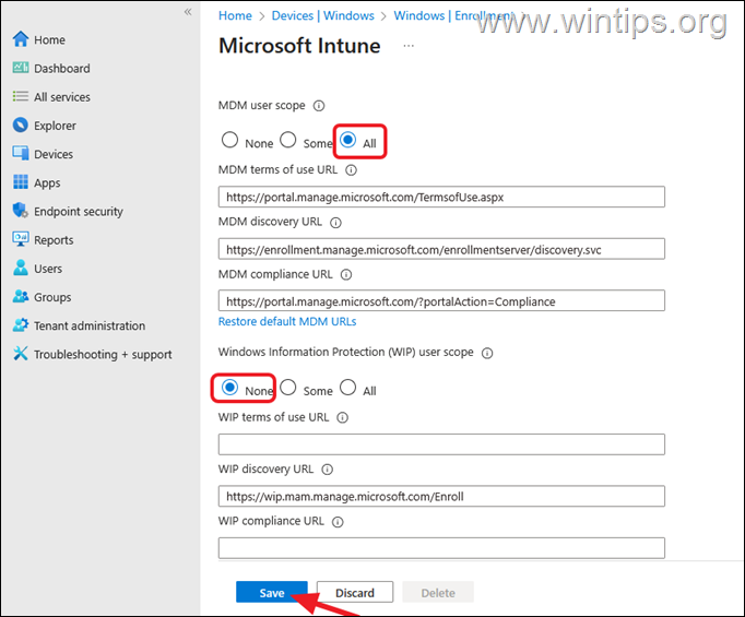 Habilite la inscripción automática y deshabilite WIP en Microsoft Intune.