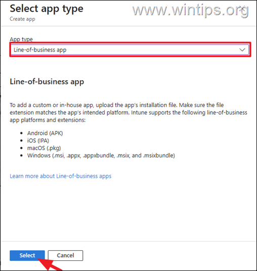 Cómo implementar la aplicación Line of Business en dispositivos Windows inscritos en Microsoft Intune.