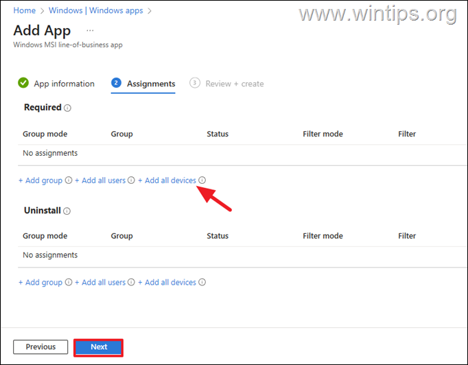 tarea de aplicación intune