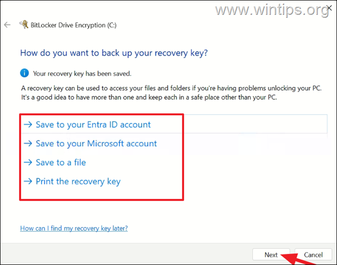 Activar BitLocker: copia de seguridad de la clave de recuperación