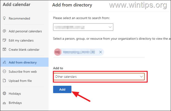 agregar Outlook de calendario compartido para web