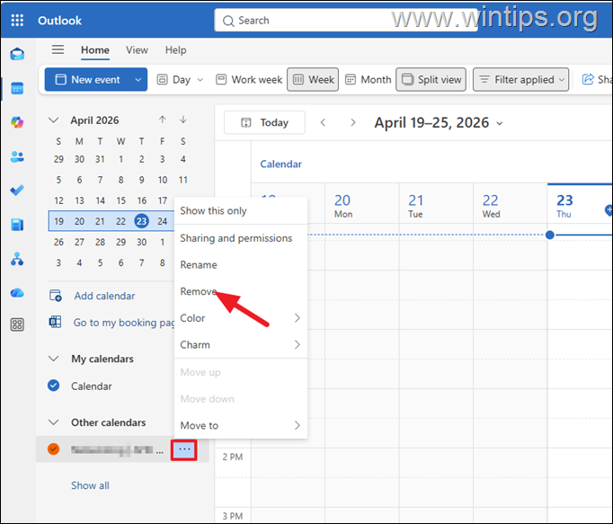 Cómo eliminar un calendario compartido en Outlook para Web (OWA).