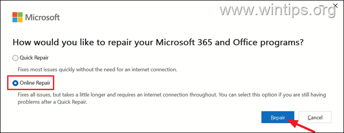 Reparación en línea de aplicaciones de Microsoft Office