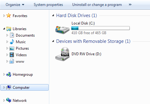A list of attached drives in Windows 7