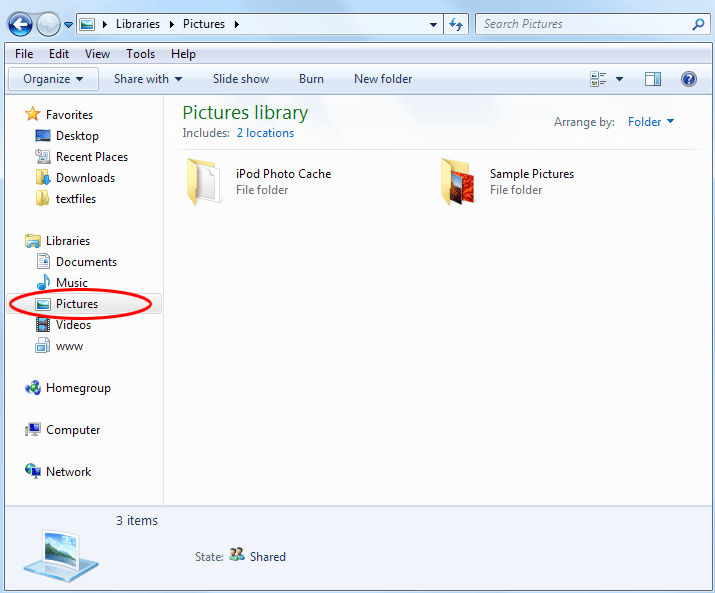 The Pictures folder in Windows 7