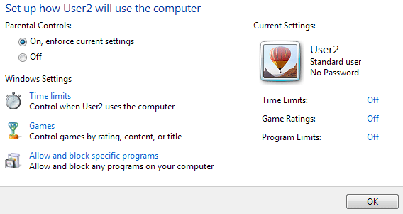 Parental Controls options