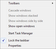 The right-click menu for the Taskbar